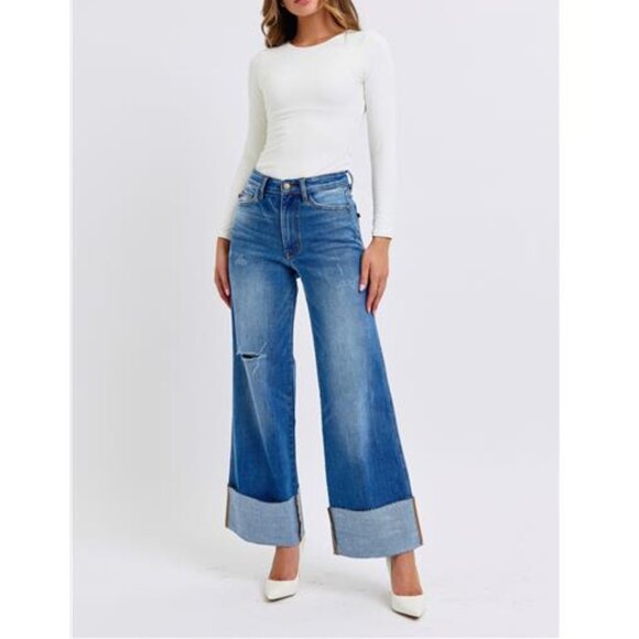 NWT ⭐ JUST DROPPED! Judy Blue Distressed High Waist Wide Leg Jeans, Flattering - Picture 5 of 11